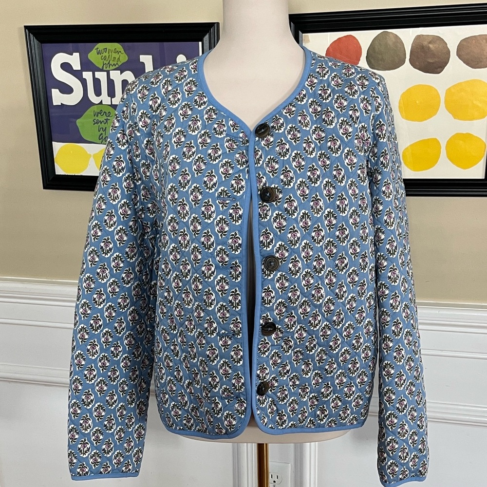 J. Crew Factory Block Print Quilted Jacket in  Quiet Harbor Bright Pep - Picture 2 of 11